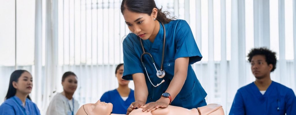nurse-demonstrates-cpr-techniques-dummy-group