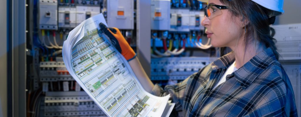 A woman electrician reviews an unfolded blueprint beside breakers and colored wiring inside a cabinet. Cool blue tones convey careful preparation, risk control, and compliance driven maintenance.